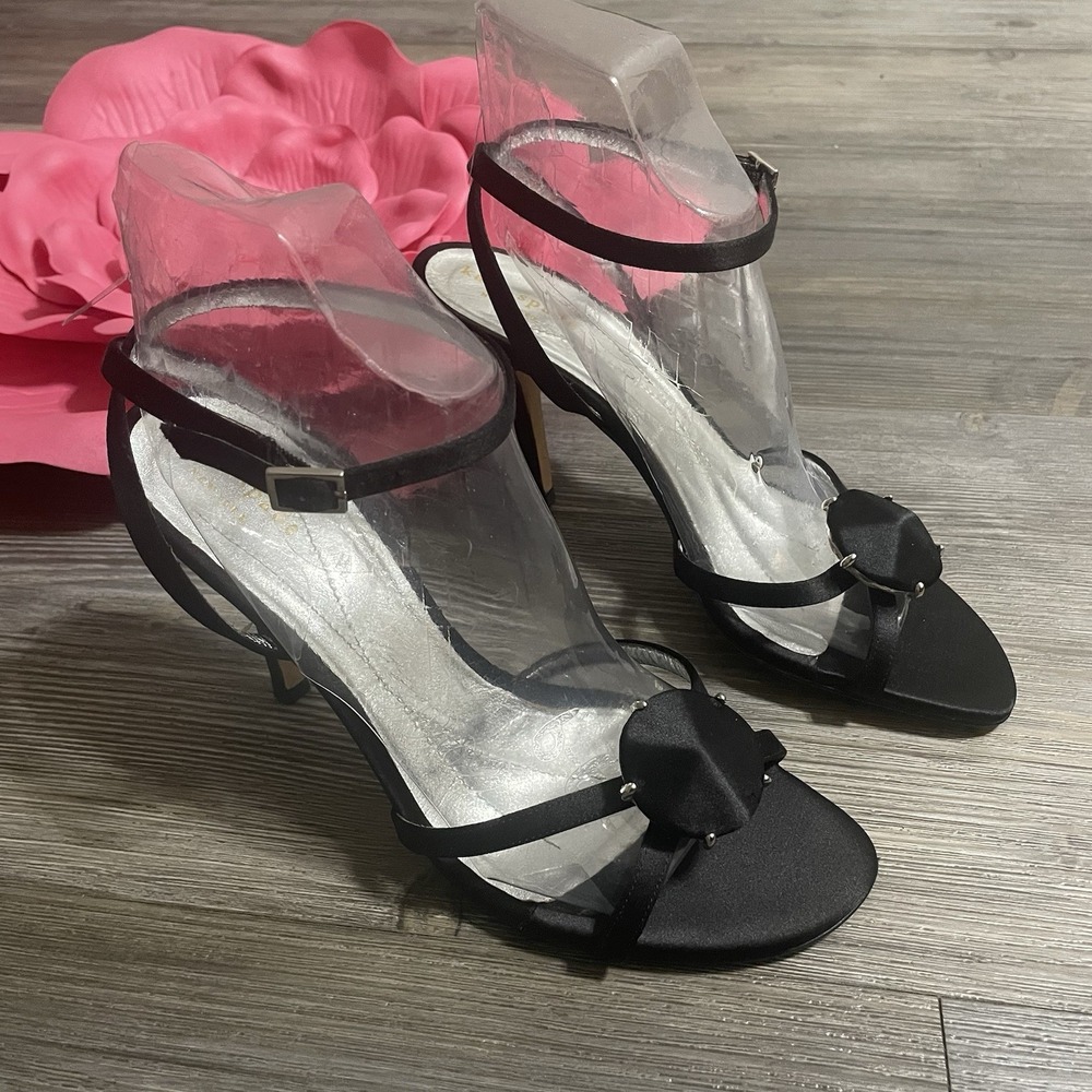 KATE SPADE NEW YORK Sz 7.5B Satin Strappy High Heel Sandals Black Wedding Party